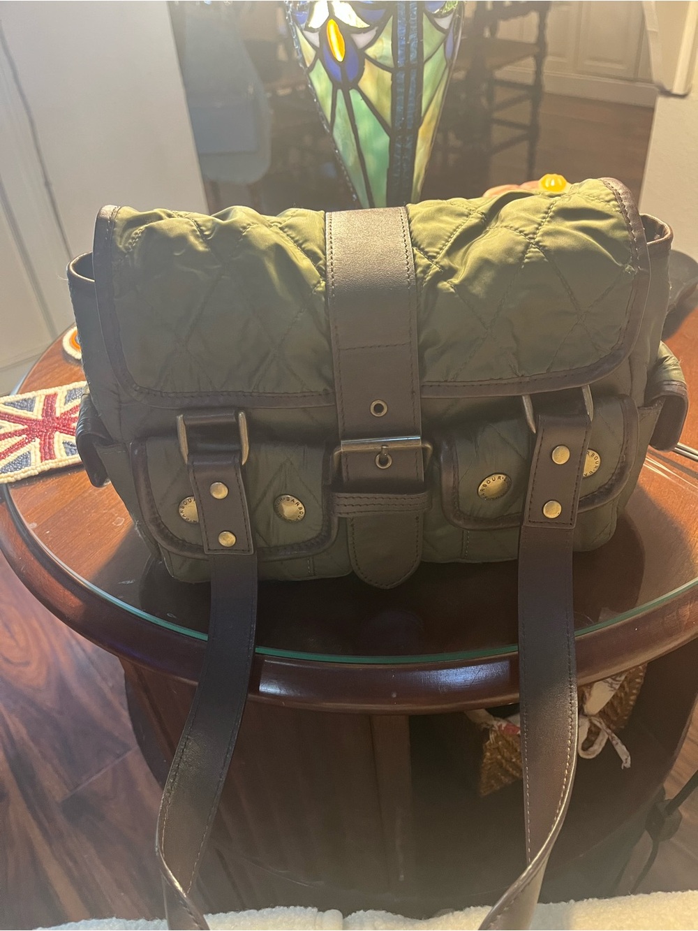 Barbour Olive Green Quilted Shoulder Bag with Brown Straps